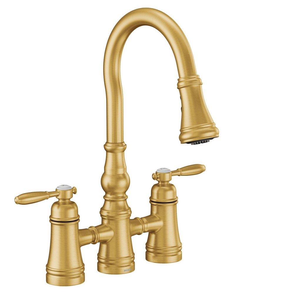 Moen Brushed Gold Two Handle Bridge Pull Down Kitchen Faucet 