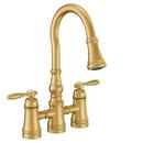 Two Handle Bridge Pull Down Kitchen Faucet in Brushed Gold