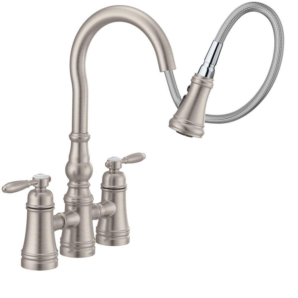 Two Handle Bridge Pull Down Kitchen Faucet in Spot Resist Stainless 