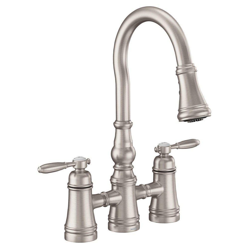 Two Handle Bridge Pull Down Kitchen Faucet in Spot Resist Stainless 