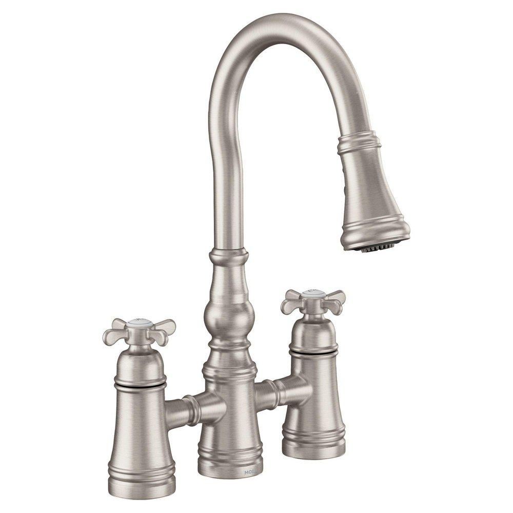 Two Handle Bridge Pull Down Kitchen Faucet in Spot Resist Stainless 