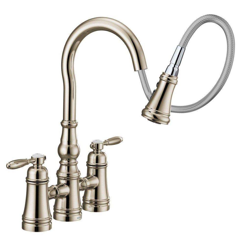 Moen Polished Nickel Two Handle Bridge Pull Down Kitchen Faucet 