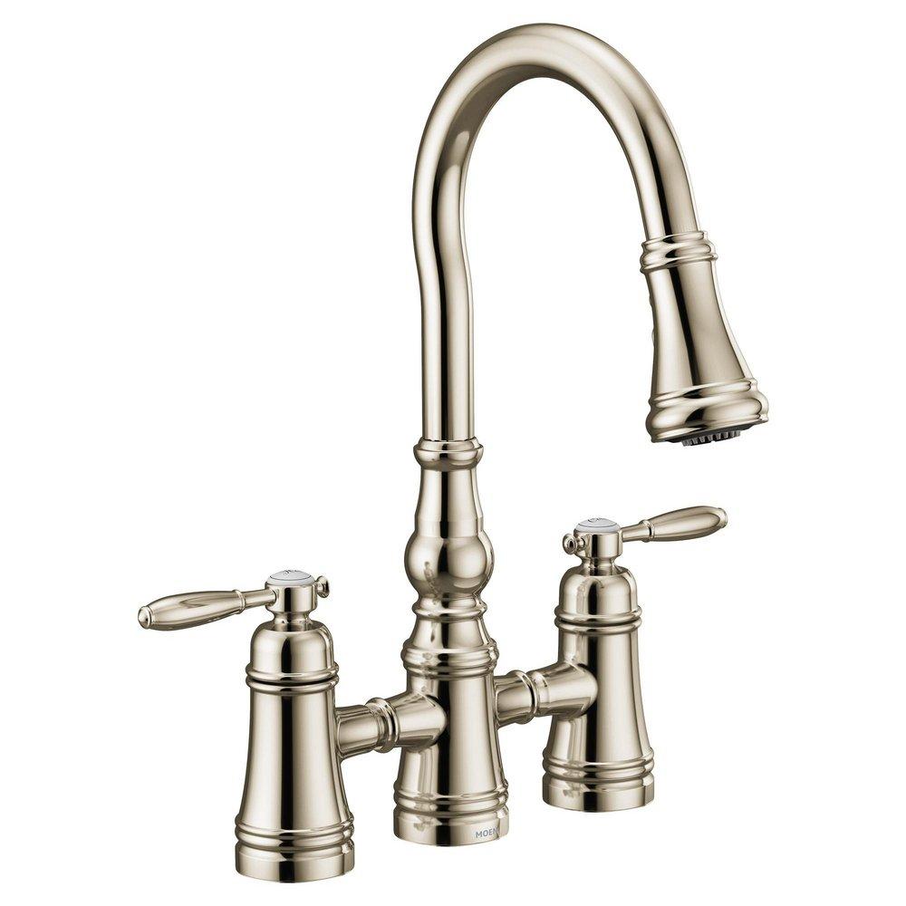 Moen Polished Nickel Two Handle Bridge Pull Down Kitchen Faucet 