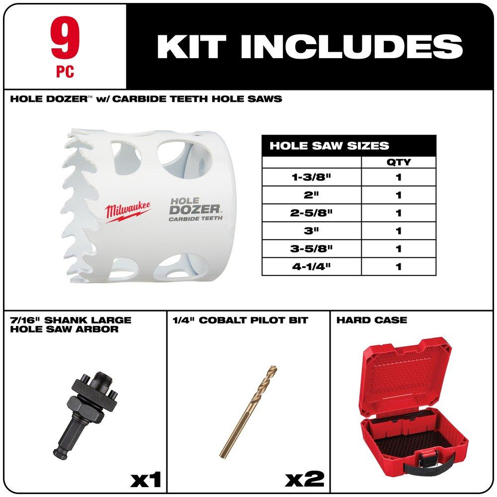 9 PC HOLE DOZER WITH CARBIDE TEETH LARGE DIAMETER HOLE SAW KIT 