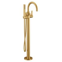 Single Handle Floor Mount Tub Filler with Hand Shower in Brushed Gold (Trim Only)