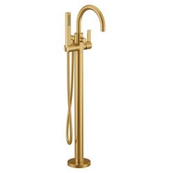 Single Handle Floor Mount Tub Filler with Hand Shower in Brushed Gold (Trim Only)
