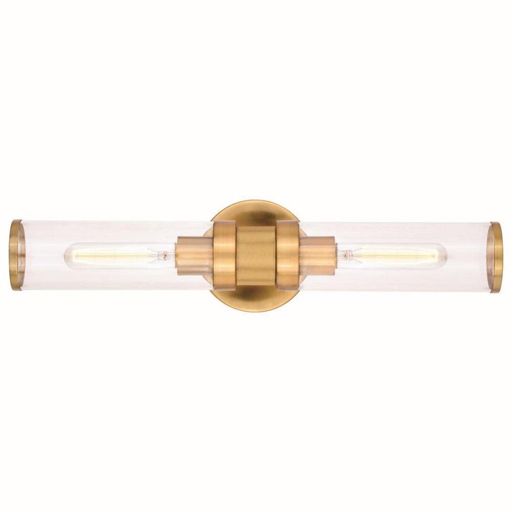 LEVITT 2 LIGHT SATIN BRASS MID-CENTURY MODERN INDUSTRIAL BATHROOM VANITY FIXTURE CLEAR GLASS 