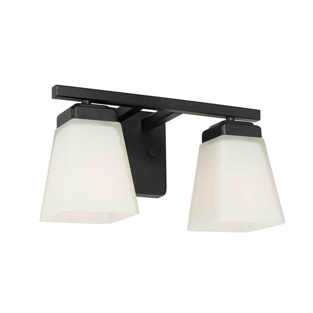 13 2-LIGHT VANITY IN MATTE BLACK WITH SOFT WHITE GLASS SHADE 