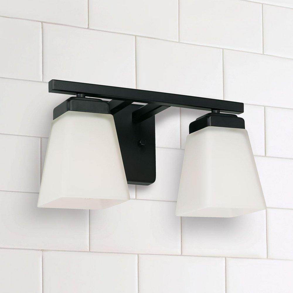 13 2-LIGHT VANITY IN MATTE BLACK WITH SOFT WHITE GLASS SHADE 