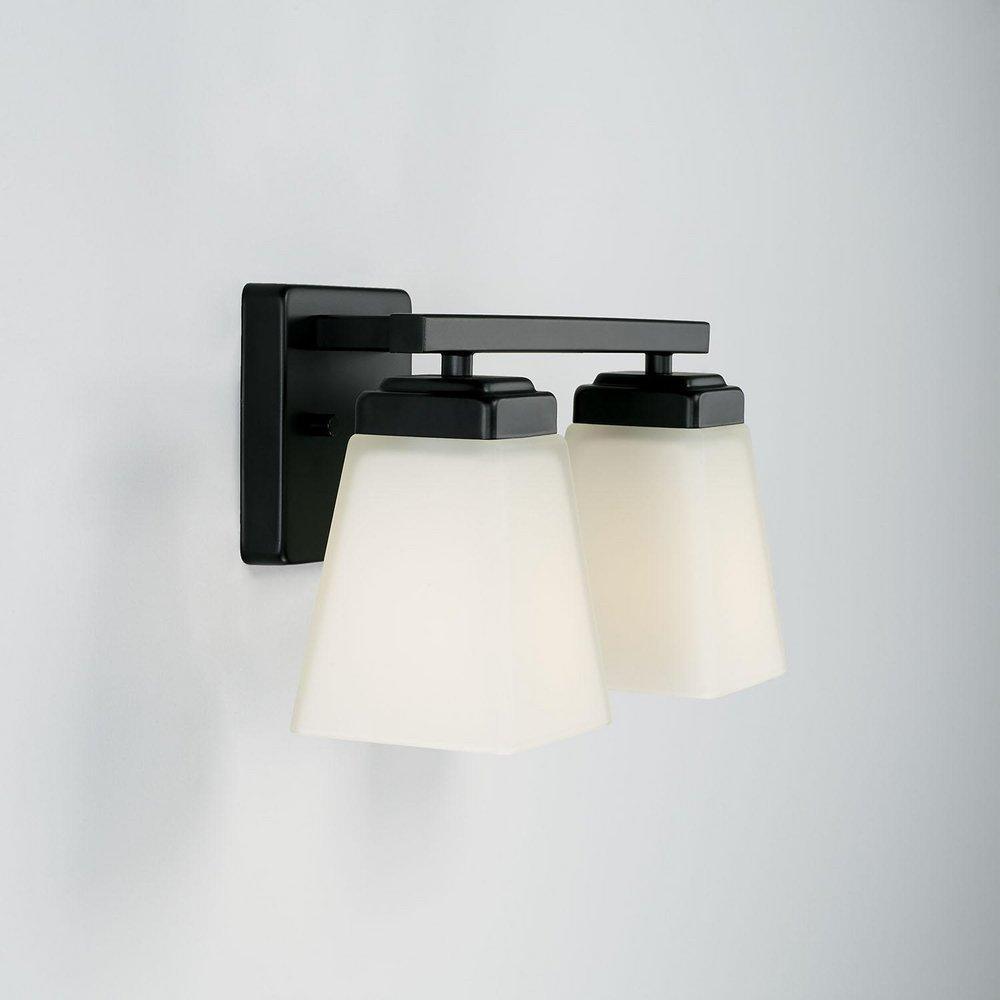 13 2-LIGHT VANITY IN MATTE BLACK WITH SOFT WHITE GLASS SHADE 