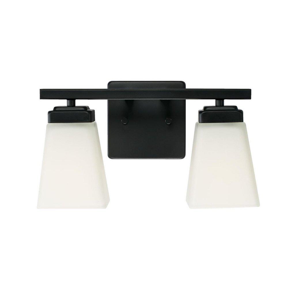 13 2-LIGHT VANITY IN MATTE BLACK WITH SOFT WHITE GLASS SHADE 