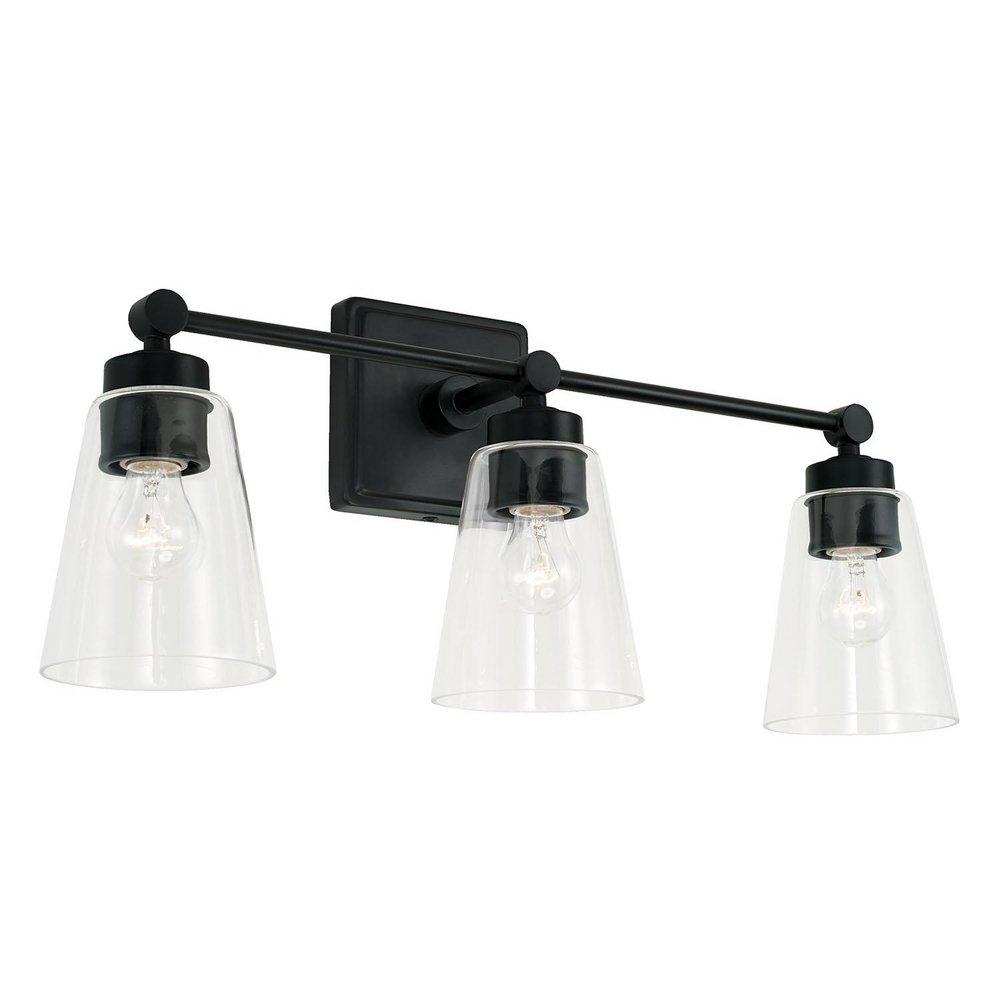 23 3-LIGHT VANITY IN MATTE BLACK WITH CLEAR CONE GLASS SHADES 