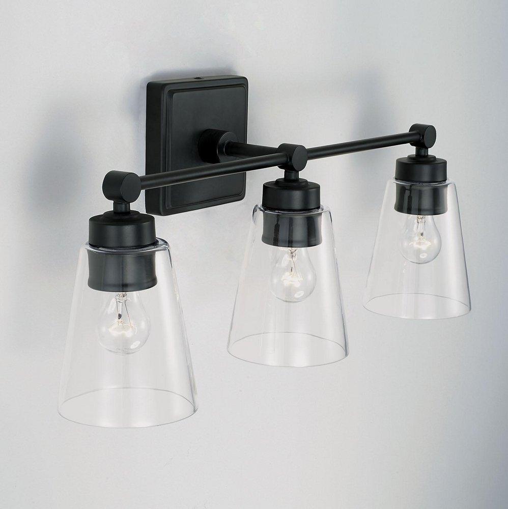 23 3-LIGHT VANITY IN MATTE BLACK WITH CLEAR CONE GLASS SHADES 