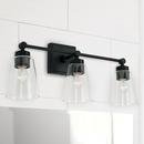 23 3-LIGHT VANITY IN MATTE BLACK WITH CLEAR CONE GLASS SHADES 