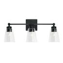 23 3-LIGHT VANITY IN MATTE BLACK WITH CLEAR CONE GLASS SHADES 
