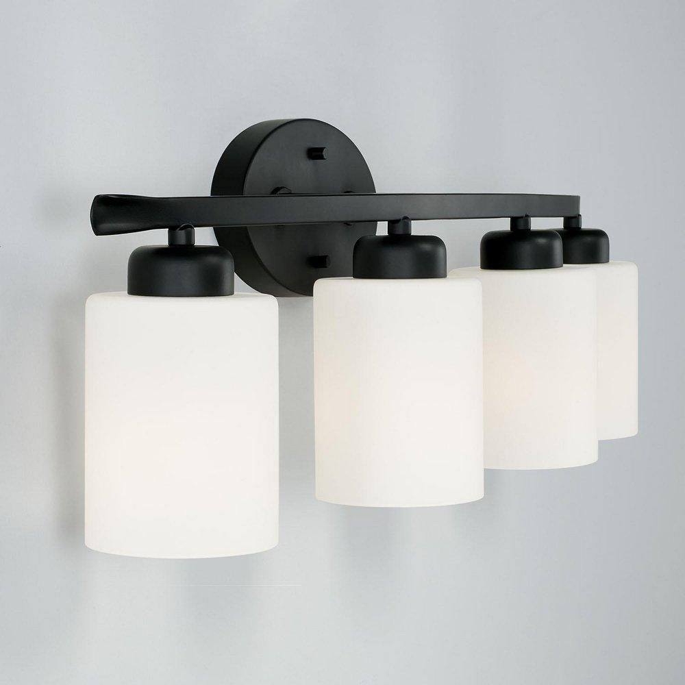 28 4-LIGHT SOFT WHITE GLASS VANITY IN MATTE BLACK 