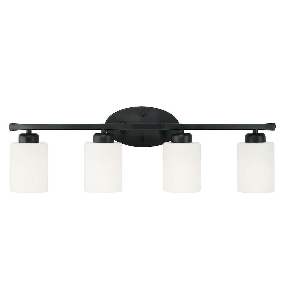 28 4-LIGHT SOFT WHITE GLASS VANITY IN MATTE BLACK 