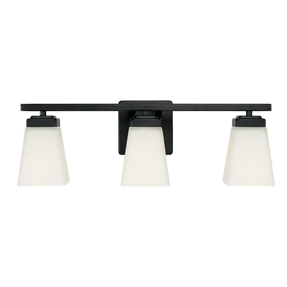 22 3-LIGHT VANITY IN MATTE BLACK WITH SOFT WHITE GLASS SHADE 