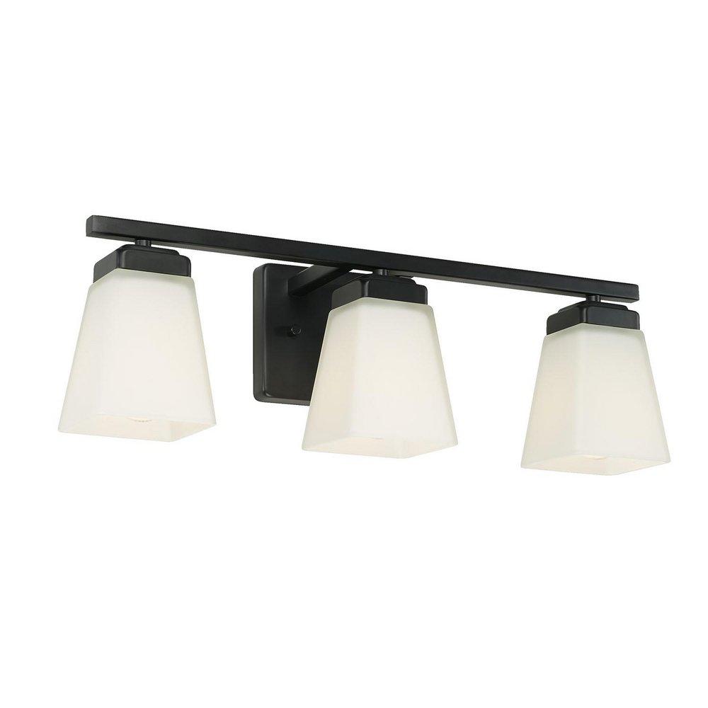 22 3-LIGHT VANITY IN MATTE BLACK WITH SOFT WHITE GLASS SHADE 