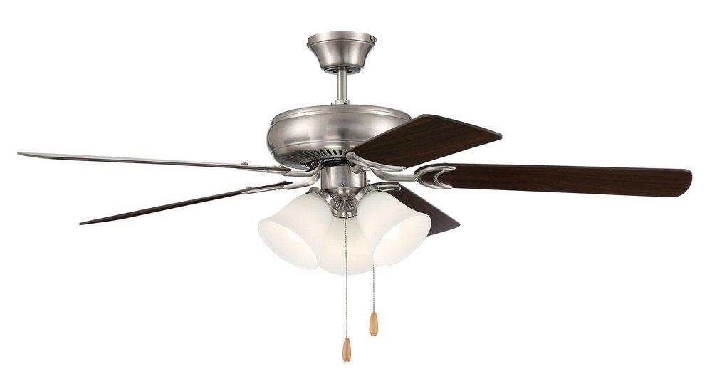 52 CEILING FAN IN BNK WITH BRUSHED NICKEL/WALNUT REVERSIBLE BLADES AND WHITE FROST 635 GLASS BELL 3LIGHT KIT 