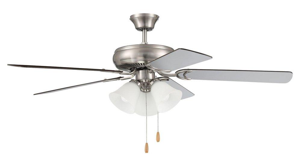 52 CEILING FAN IN BNK WITH BRUSHED NICKEL/WALNUT REVERSIBLE BLADES AND WHITE FROST 635 GLASS BELL 3LIGHT KIT 