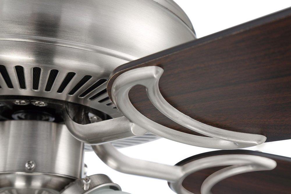 52 CEILING FAN IN BNK WITH BRUSHED NICKEL/WALNUT REVERSIBLE BLADES AND WHITE FROST 635 GLASS BELL 3LIGHT KIT 