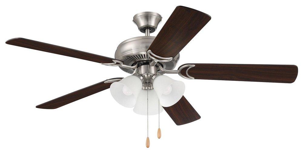 52 CEILING FAN IN BNK WITH BRUSHED NICKEL/WALNUT REVERSIBLE BLADES AND WHITE FROST 635 GLASS BELL 3LIGHT KIT 