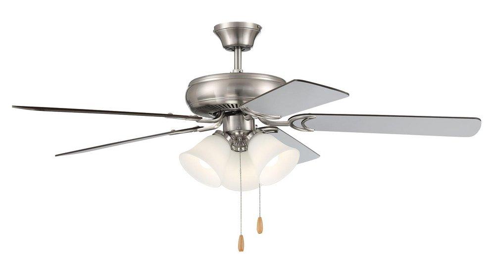 52 CEILING FAN IN BNK WITH BRUSHED NICKEL/WALNUT REVERSIBLE BLADES AND WHITE FROST 635 GLASS BELL 3LIGHT KIT 