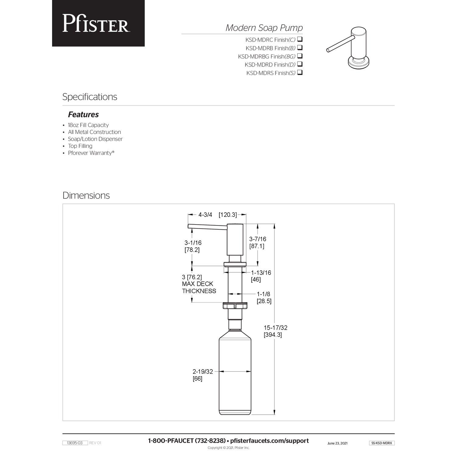 Pfister Polished Chrome 3-7/16 in. 18 oz. Kitchen Soap Dispenser 