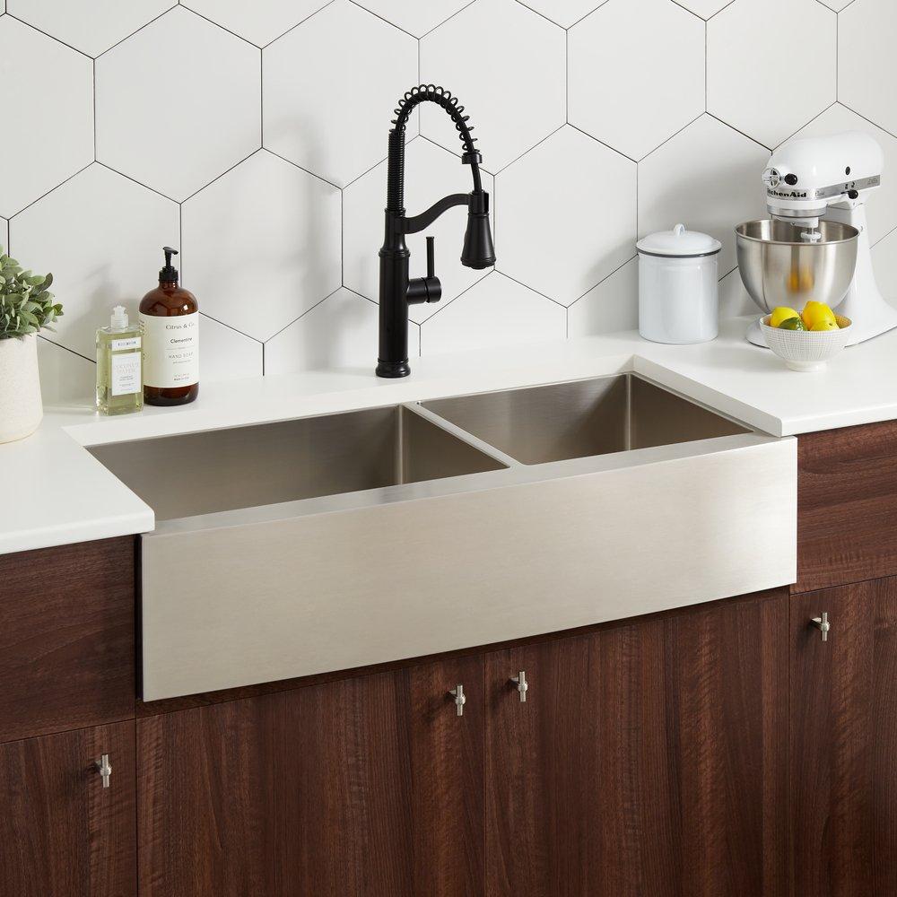 Signature Hardware Stainless Steel 42 x 20-3/4 in. Double Bowl Farmhouse Kitchen Sink 