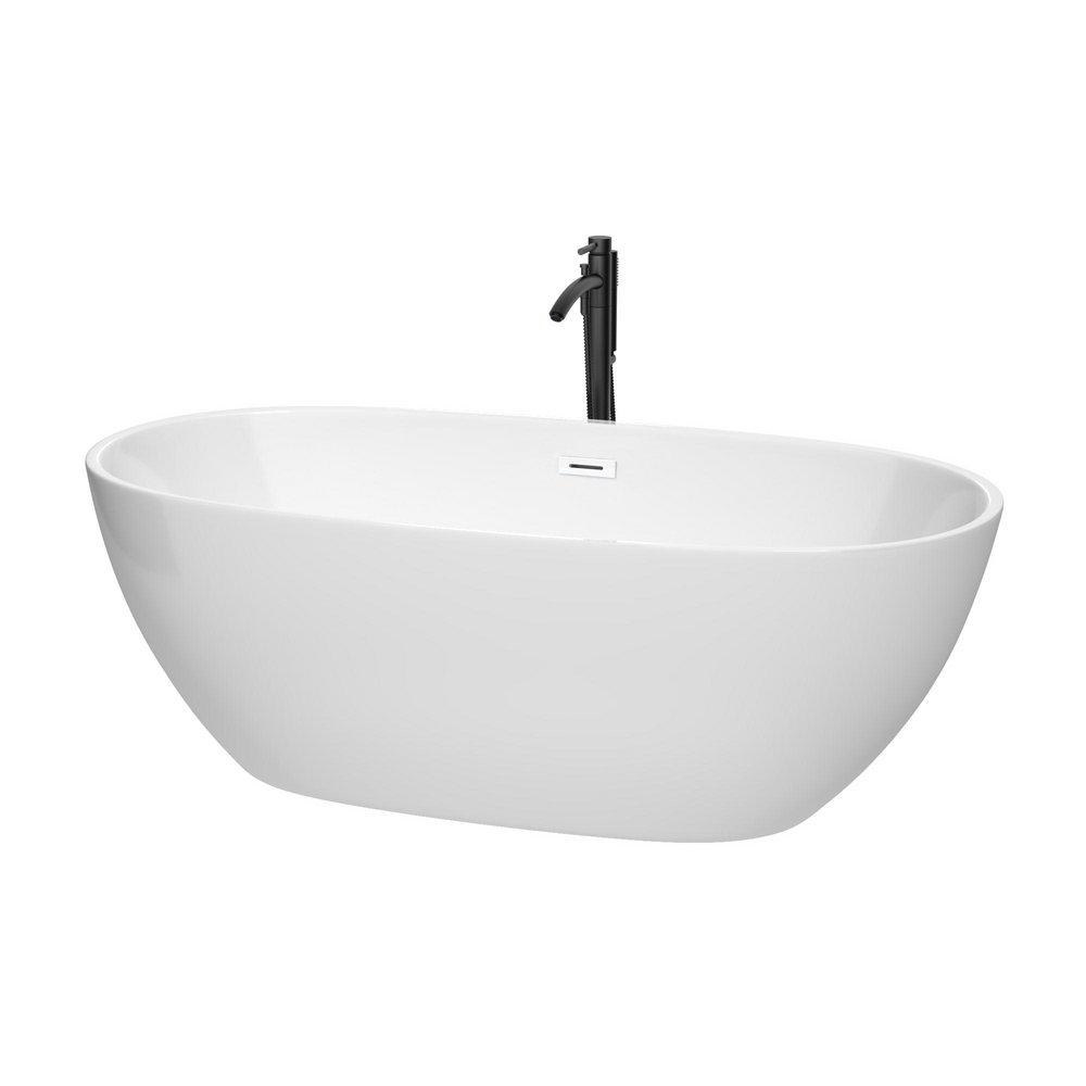 JUNO 67 INCH FREESTANDING BATHTUB IN WHITE W/ SHINY WHITE TRIM & FLOOR MOUNTED FAUCET IN MATTE BLACK 