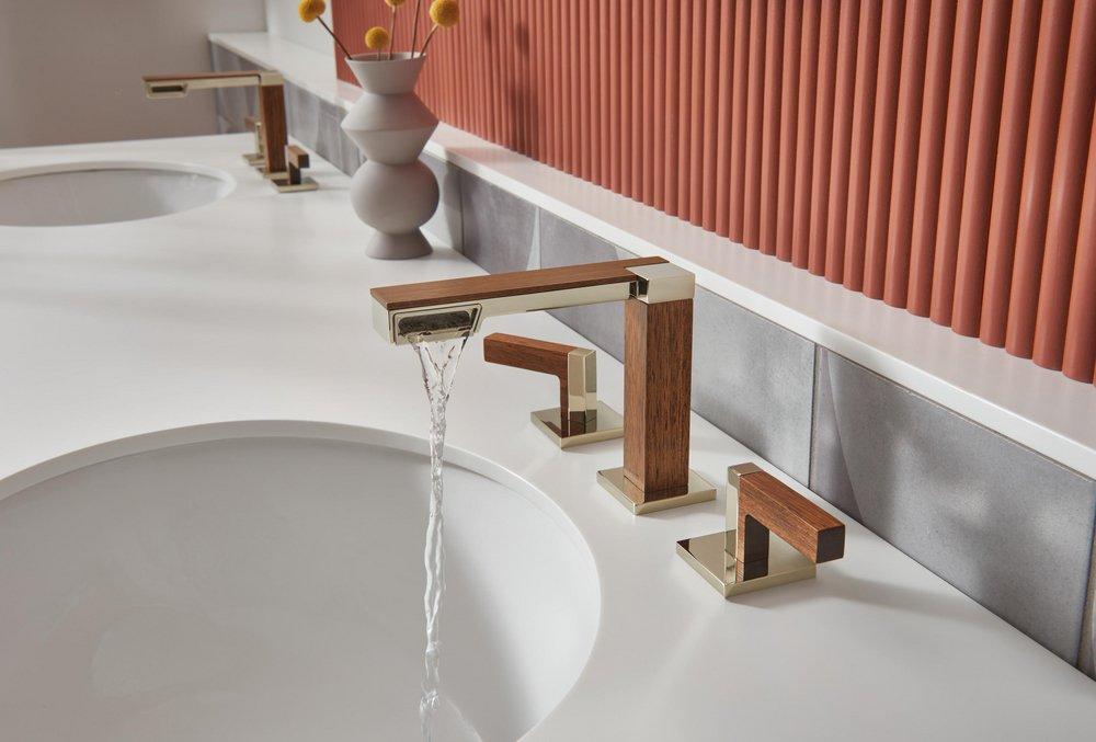 Brizo Brilliance Polished Nickel/Wood No Handle Widespread Bathroom Sink Faucet 