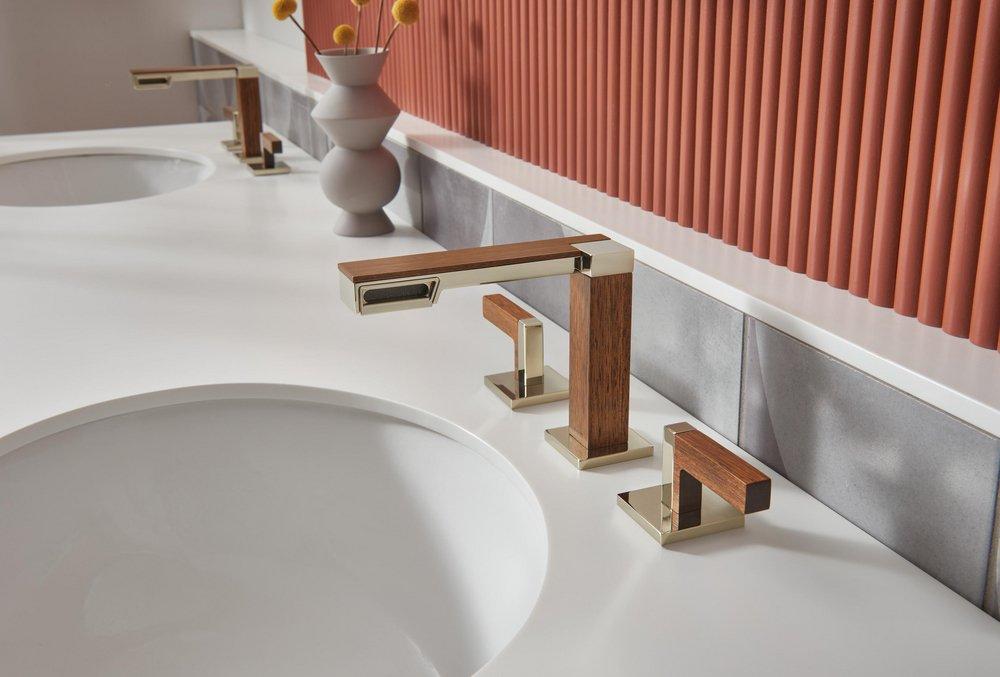 Brizo Brilliance Polished Nickel/Wood No Handle Widespread Bathroom Sink Faucet 