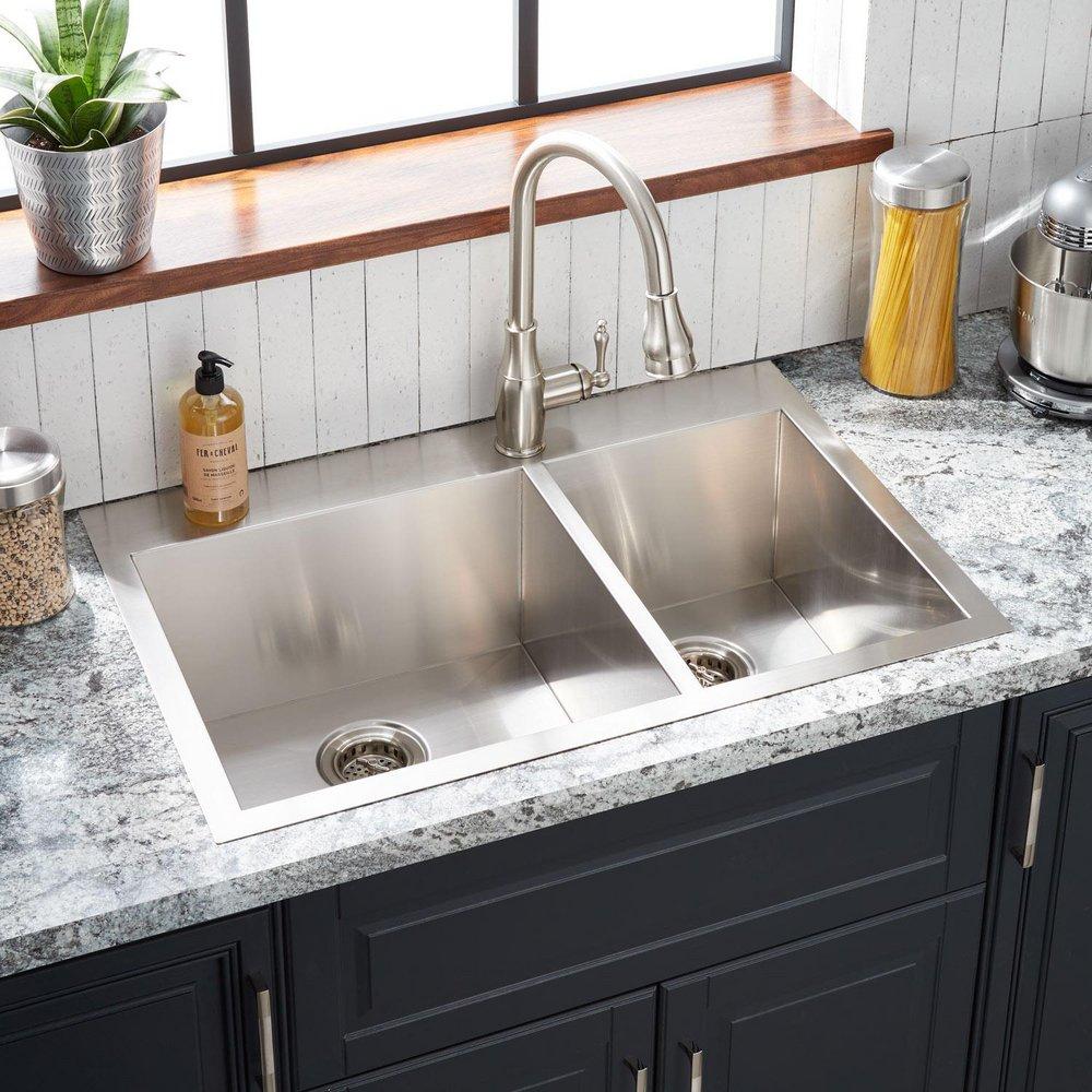 Signature Hardware Stainless Steel 33 x 22 in. Stainless Steel Double Bowl Dual Mount Kitchen Sink in Brushed Stainless Steel 