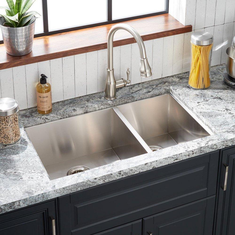 Signature Hardware Stainless Steel 33 x 22 in. Stainless Steel Double Bowl Dual Mount Kitchen Sink in Brushed Stainless Steel 