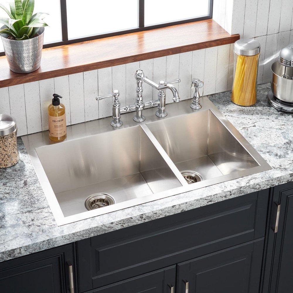 Signature Hardware Stainless Steel 33 x 22 in. Stainless Steel Double Bowl Dual Mount Kitchen Sink in Brushed Stainless Steel 