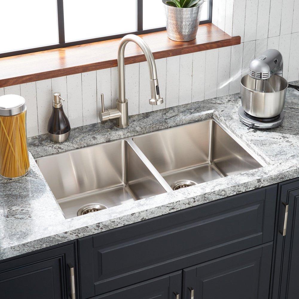 Signature Hardware Stainless Steel 33 x 22 in. Stainless Steel Double Bowl Dual Mount Kitchen Sink 