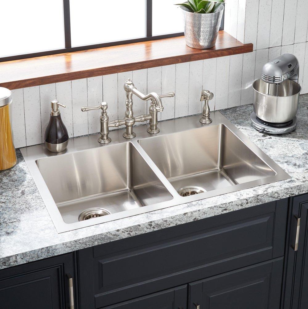 Signature Hardware Stainless Steel 33 x 22 in. Stainless Steel Double Bowl Dual Mount Kitchen Sink 