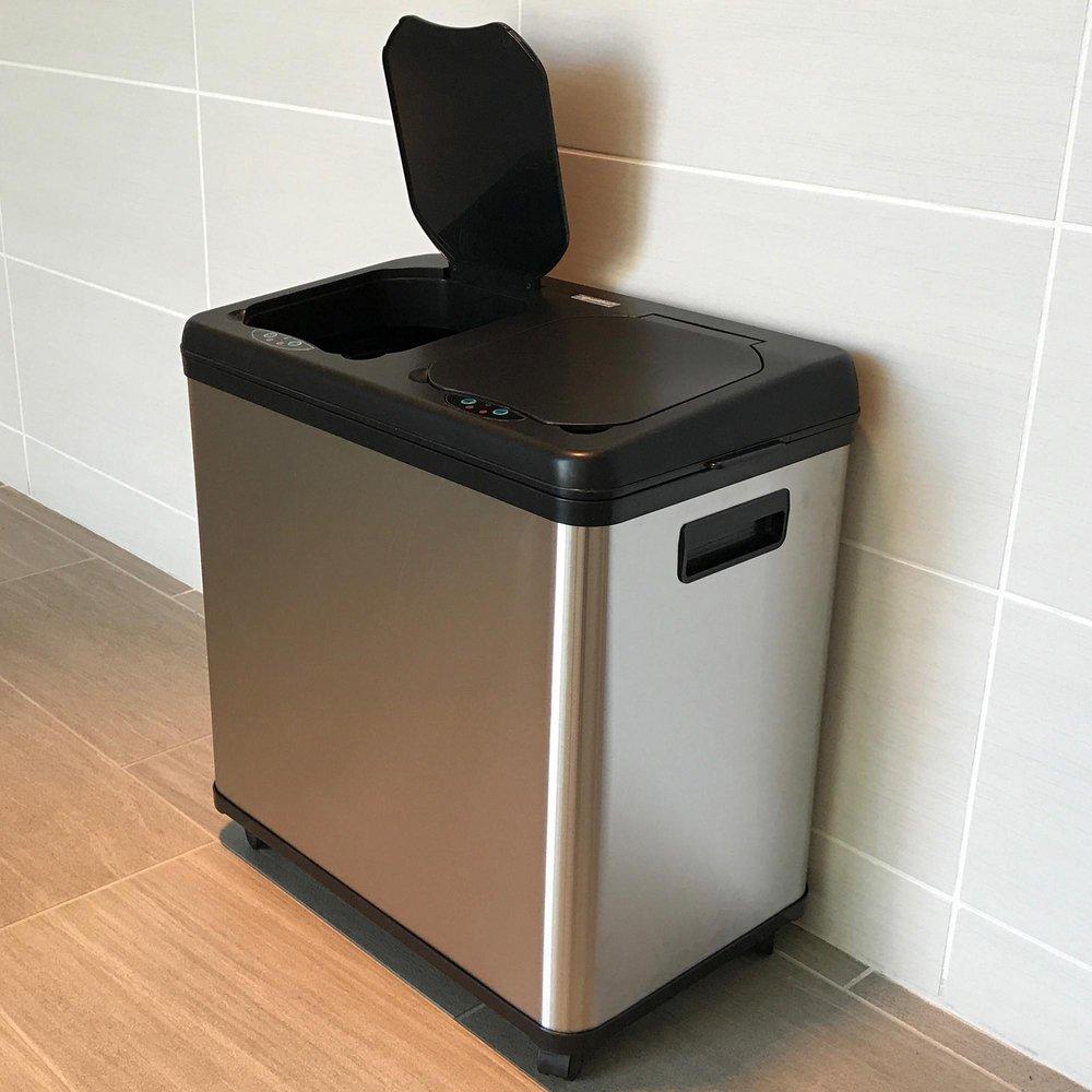 16 gal Combo Sensor Trash Can and Recycle Bin with Wheels in Stainless Steel 