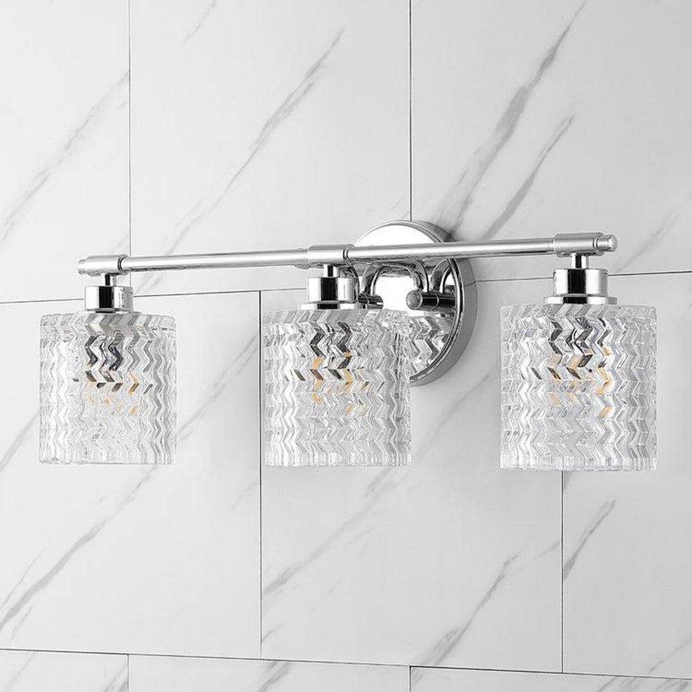 SPAULDING VINTAGE 22 3-LIGHT IRON/CHEVRON PATTERN GLASS FARMHOUSE COTTAGE LED VANITY LIGHT CHROME 