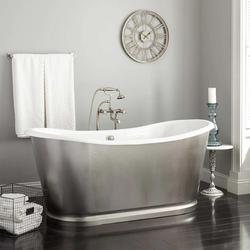 66 in. Bateau Cast Iron Skirted Freestanding Bathtub in Stainess Steel with White Daisy Wheel