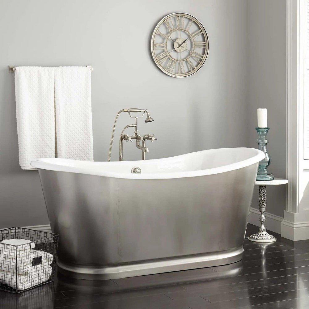 66 in. Bateau Cast Iron Skirted Freestanding Bathtub in Stainless Steel with Brushed Nickel Daisy Wheel 