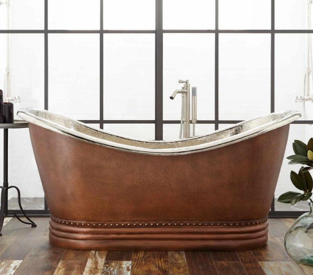 Signature Hardware Antique Copper Patina 66 x 31 in. Freestanding Bathtub with Center Drain 