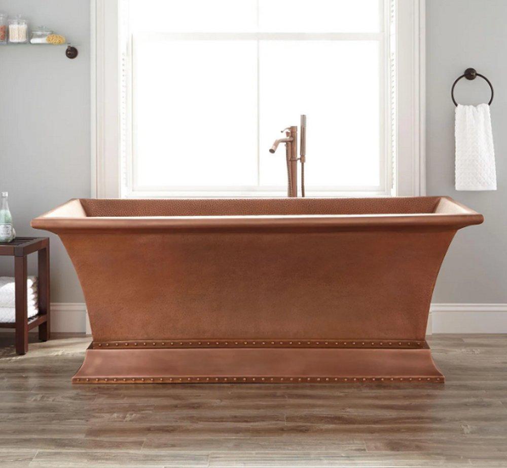 Signature Hardware Antique Copper Patina 66-1/4 x 33-1/2 in. Freestanding Bathtub with Center Drain 