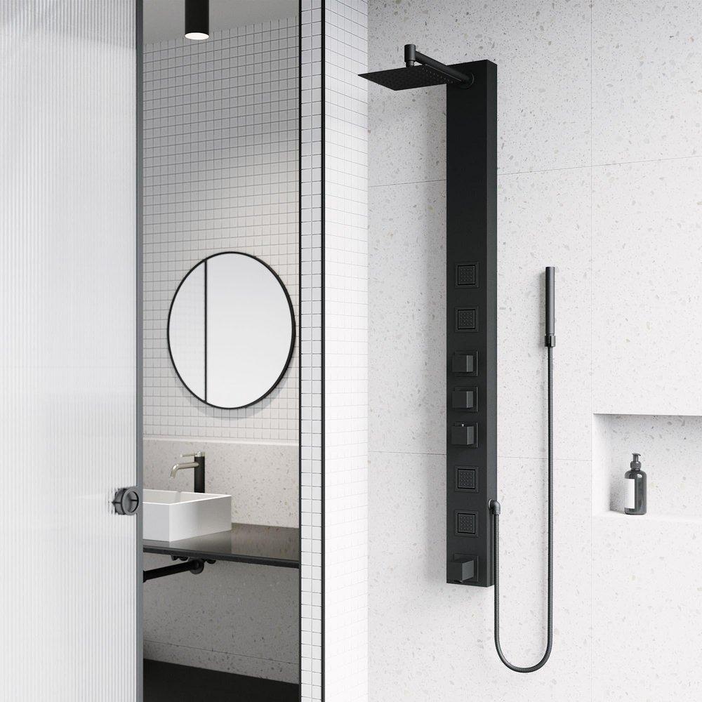 5 IN SQUARE SPRAY HEAD WATERFALL SHOWER SYSTEM WITH TUB FILLER IN MATTE BLACK 
