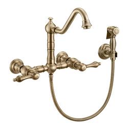 Two Handle Wall Mount Bridge Kitchen Faucet with Side Spray in Antique Brass