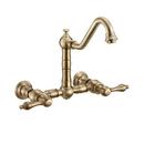 Two Handle Wall Mount Bridge Kitchen Faucet with Side Spray in Antique Brass 