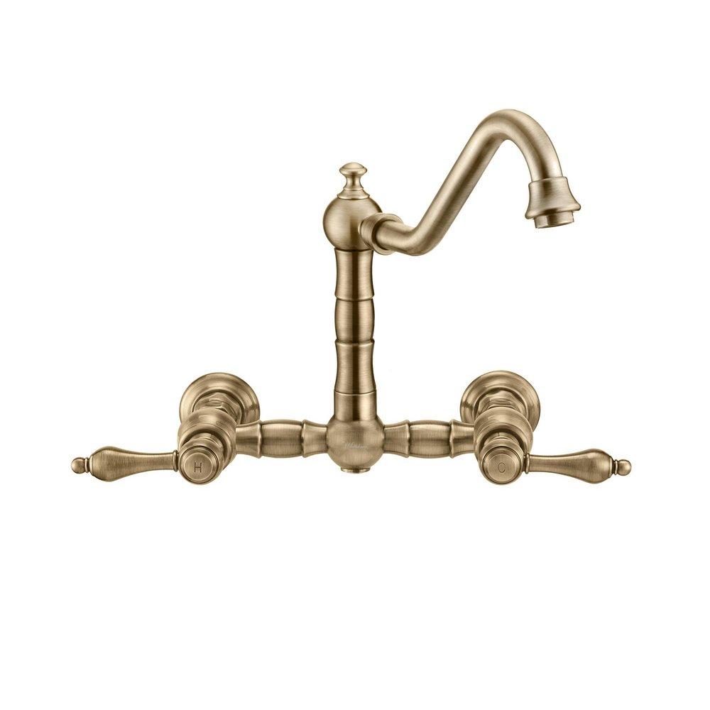Two Handle Wall Mount Bridge Kitchen Faucet with Side Spray in Antique Brass 