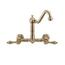 Two Handle Wall Mount Bridge Kitchen Faucet with Side Spray in Antique Brass 