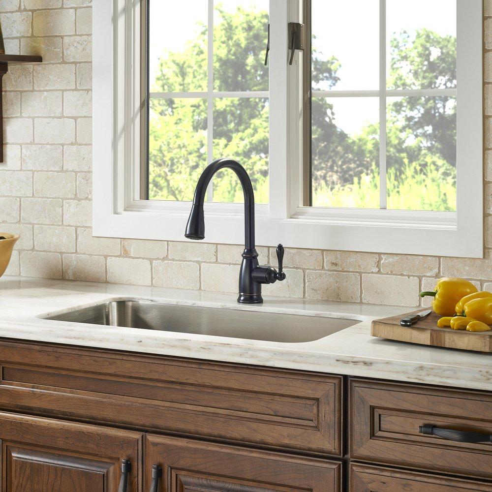 Single Handle Pull Down Kitchen Faucet in Tuscan Bronze 